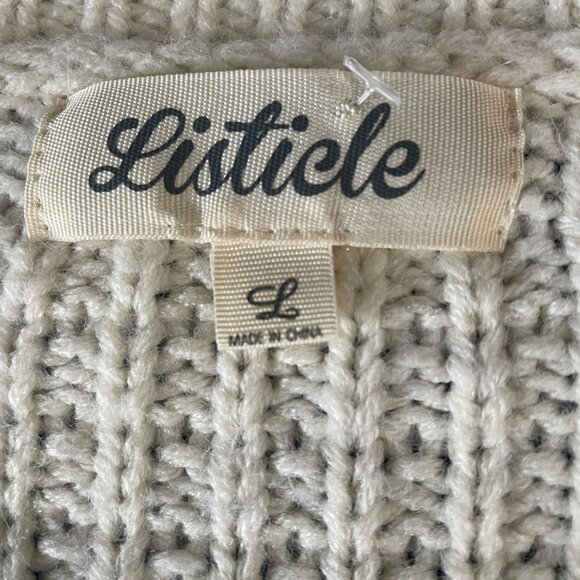 Listicle Boho Fringe Knit Poncho Sweater Large Cream Oversized Waffle Knit Cozy - Picture 3 of 8